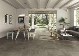 room scene with gray porcelain industrial look tiles