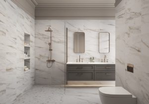 bathroom with marble look porcelain tile