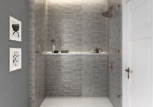 bathroom shower with gray ceramic wall tile