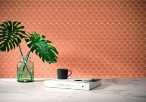 Bathroom wall with terracota ceramic tile mosaics